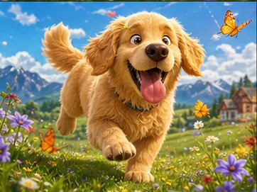 Goldener Hund auf einer sonnigen Blumenwiese