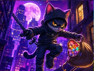 Maskierte Katze in einer Neonstadt